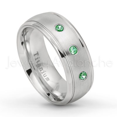 0.21ctw Diamond & Emerald 3-Stone Ring - May Birthstone Ring - 8mm Satin Finish Comfort Fit Classic Dome Titanium Wedding Ring TM261-ED