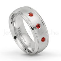 0.21ctw Garnet 3-Stone Ring - January Birthstone Ring - 8mm Satin Finish Comfort Fit Classic Dome Titanium Wedding Ring TM261-GR