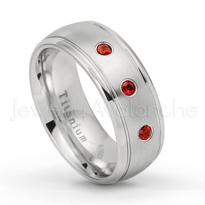 0.21ctw Garnet & Diamond 3-Stone Ring - January Birthstone Ring - 8mm Satin Finish Comfort Fit Classic Dome Titanium Wedding Ring TM261-GR