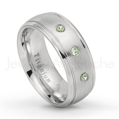 0.21ctw Peridot & Diamond 3-Stone Ring - August Birthstone Ring - 8mm Satin Finish Comfort Fit Classic Dome Titanium Wedding Ring TM261-PD