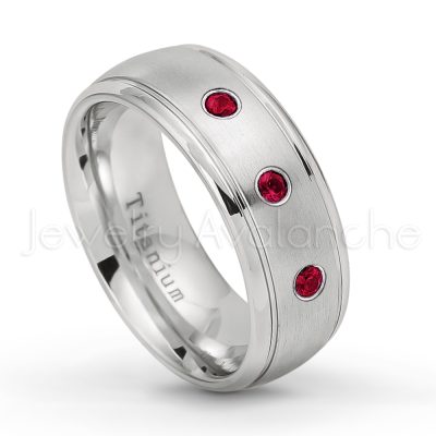 0.21ctw Ruby & Diamond 3-Stone Ring - July Birthstone Ring - 8mm Satin Finish Comfort Fit Classic Dome Titanium Wedding Ring TM261-RB
