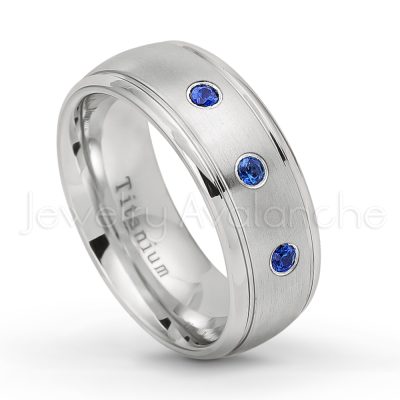 0.21ctw Blue Sapphire & Diamond 3-Stone Ring - September Birthstone Ring - 8mm Satin Finish Comfort Fit Classic Dome Titanium Wedding Ring TM261-SP