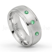 0.21ctw Tsavorite 3-Stone Ring - January Birthstone Ring - 8mm Satin Finish Comfort Fit Classic Dome Titanium Wedding Ring TM261-TVR