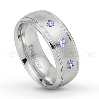 0.21ctw Tanzanite & Diamond 3-Stone Ring - December Birthstone Ring - 8mm Satin Finish Comfort Fit Classic Dome Titanium Wedding Ring TM261-TZN