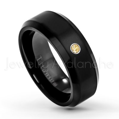0.21ctw Citrine 3-Stone Ring - November Birthstone Ring - 8mm Satin Finish Black IP Comfort Fit Beveled Edge Titanium Wedding Ring TM263-CN
