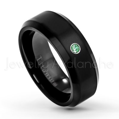0.21ctw Emerald 3-Stone Ring - May Birthstone Ring - 8mm Satin Finish Black IP Comfort Fit Beveled Edge Titanium Wedding Ring TM263-ED