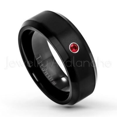 0.21ctw Garnet 3-Stone Ring - January Birthstone Ring - 8mm Satin Finish Black IP Comfort Fit Beveled Edge Titanium Wedding Ring TM263-GR