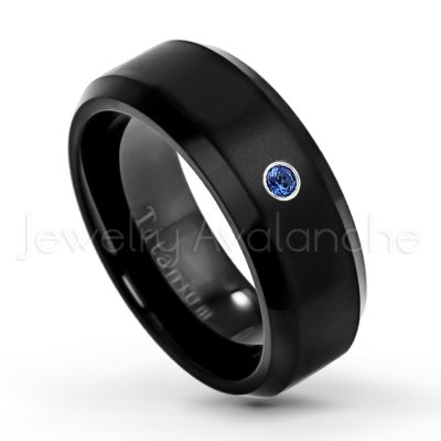 0.21ctw Blue Sapphire & Diamond 3-Stone Ring - September Birthstone Ring - 8mm Satin Finish Black IP Comfort Fit Beveled Edge Titanium Wedding Ring TM263-SP
