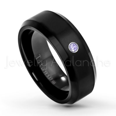 0.07ctw Tanzanite Solitaire Ring - December Birthstone Ring - 8mm Satin Finish Black IP Comfort Fit Beveled Edge Titanium Wedding Ring TM263-TZN