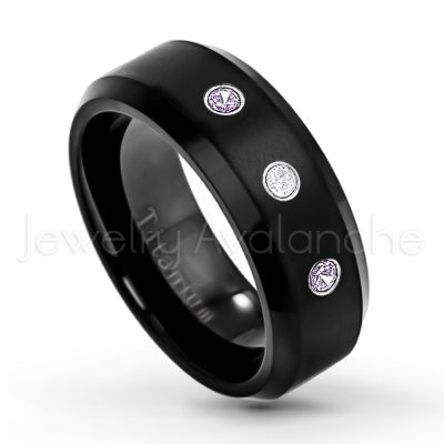 0.07ctw Amethyst Solitaire Ring - February Birthstone Ring - 8mm Satin Finish Black IP Comfort Fit Beveled Edge Titanium Wedding Ring TM263-AMT