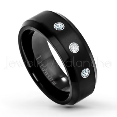 0.21ctw Aquamarine & Diamond 3-Stone Ring - March Birthstone Ring - 8mm Satin Finish Black IP Comfort Fit Beveled Edge Titanium Wedding Ring TM263-AQM