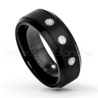 0.21ctw Diamond & Aquamarine 3-Stone Ring - March Birthstone Ring - 8mm Satin Finish Black IP Comfort Fit Beveled Edge Titanium Wedding Ring TM263-AQM