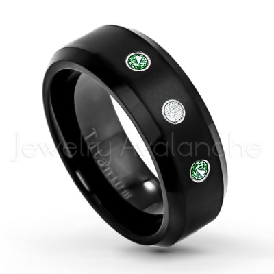 0.21ctw Emerald & Diamond 3-Stone Ring - May Birthstone Ring - 8mm Satin Finish Black IP Comfort Fit Beveled Edge Titanium Wedding Ring TM263-ED