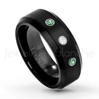 0.21ctw Diamond & Emerald 3-Stone Ring - May Birthstone Ring - 8mm Satin Finish Black IP Comfort Fit Beveled Edge Titanium Wedding Ring TM263-ED