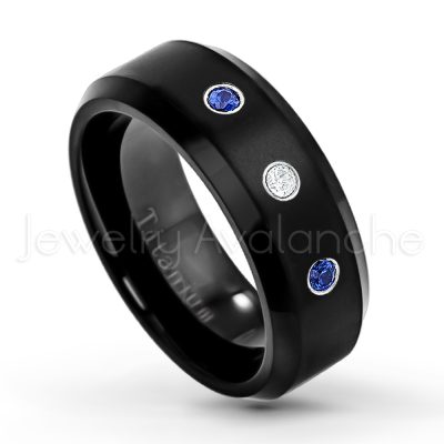0.07ctw Blue Sapphire Solitaire Ring - September Birthstone Ring - 8mm Satin Finish Black IP Comfort Fit Beveled Edge Titanium Wedding Ring TM263-SP