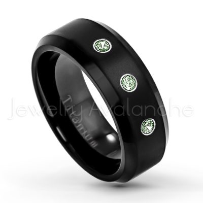 0.21ctw Alexandrite & Diamond 3-Stone Ring - June Birthstone Ring - 8mm Satin Finish Black IP Comfort Fit Beveled Edge Titanium Wedding Ring TM263-ALX
