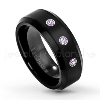 0.07ctw Amethyst Solitaire Ring - February Birthstone Ring - 8mm Satin Finish Black IP Comfort Fit Beveled Edge Titanium Wedding Ring TM263-AMT