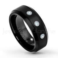 0.21ctw Aquamarine 3-Stone Ring - March Birthstone Ring - 8mm Satin Finish Black IP Comfort Fit Beveled Edge Titanium Wedding Ring TM263-AQM