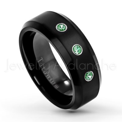 0.07ctw Emerald Solitaire Ring - May Birthstone Ring - 8mm Satin Finish Black IP Comfort Fit Beveled Edge Titanium Wedding Ring TM263-ED