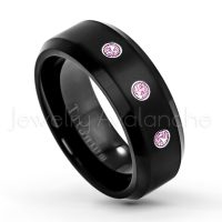 0.21ctw Pink Tourmaline 3-Stone Ring - October Birthstone Ring - 8mm Satin Finish Black IP Comfort Fit Beveled Edge Titanium Wedding Ring TM263-PTM