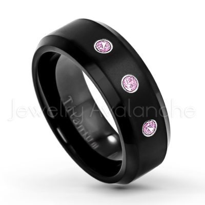 0.07ctw Pink Tourmaline Solitaire Ring - October Birthstone Ring - 8mm Satin Finish Black IP Comfort Fit Beveled Edge Titanium Wedding Ring TM263-PTM
