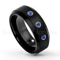 0.21ctw Blue Sapphire 3-Stone Ring - September Birthstone Ring - 8mm Satin Finish Black IP Comfort Fit Beveled Edge Titanium Wedding Ring TM263-SP