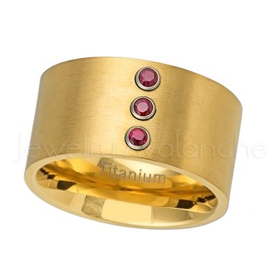 12mm Pipe Cut Titanium Wedding Band - 0.21ctw Ruby 3-stone Ring - Brushed Finish Yellow Gold Plated Titanium Band TM463-3RB