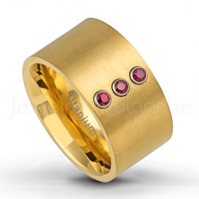 12mm Pipe Cut Titanium Wedding Band - 0.21ctw Ruby 3-stone Ring - Brushed Finish Yellow Gold Plated Titanium Band TM463-3RB