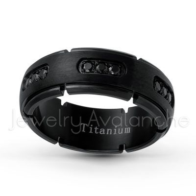 8mm Black IP Titanium Wedding Band - Satin Finish Black Ion Plated Comfort Fit Titanium Ring with 18-Round Black CZ Accent- Eternity Ring TM512PL
