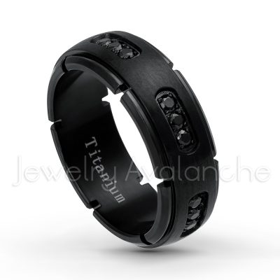 8mm Black IP Titanium Wedding Band - Satin Finish Black Ion Plated Comfort Fit Titanium Ring with 18-Round Black CZ Accent- Eternity Ring TM512PL