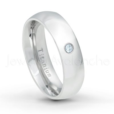 0.21ctw Diamond & Aquamarine 3-Stone Ring - March Birthstone Ring - 6mm Polished Finish Comfort Fit Dome White Titanium Wedding Ring TM536-AQM