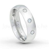 0.21ctw Aquamarine & Diamond 3-Stone Ring - March Birthstone Ring - 6mm Polished Finish Comfort Fit Dome White Titanium Wedding Ring TM536-AQM