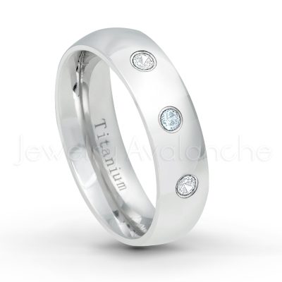 0.21ctw Aquamarine 3-Stone Ring - March Birthstone Ring - 6mm Polished Finish Comfort Fit Dome White Titanium Wedding Ring TM536-AQM