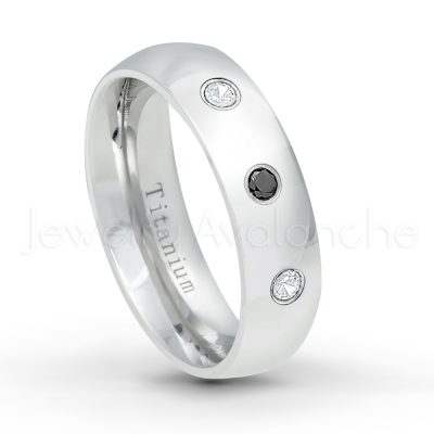 0.21ctw Diamond 3-Stone Ring - April Birthstone Ring - 6mm Polished Finish Comfort Fit Dome White Titanium Wedding Ring TM536-WD