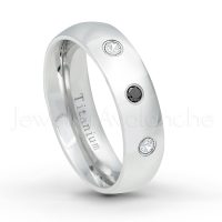 0.21ctw Black & White Diamond 3-Stone Ring - April Birthstone Ring - 6mm Polished Finish Comfort Fit Dome White Titanium Wedding Ring TM536-WD