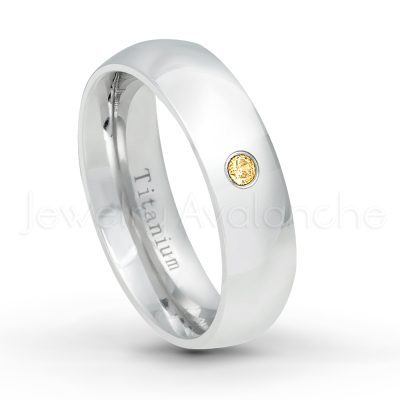 0.21ctw Citrine & Diamond 3-Stone Ring - November Birthstone Ring - 6mm Polished Finish Comfort Fit Dome White Titanium Wedding Ring TM536-CN