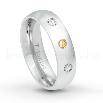 0.21ctw Citrine 3-Stone Ring - November Birthstone Ring - 6mm Polished Finish Comfort Fit Dome White Titanium Wedding Ring TM536-CN