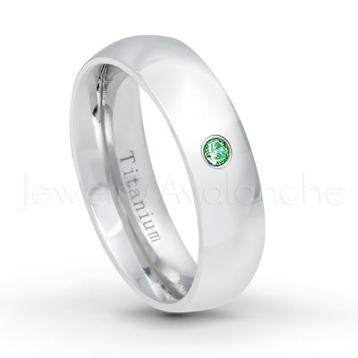 0.21ctw Diamond & Emerald 3-Stone Ring - May Birthstone Ring - 6mm Polished Finish Comfort Fit Dome White Titanium Wedding Ring TM536-ED