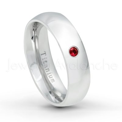 0.21ctw Garnet & Diamond 3-Stone Ring - January Birthstone Ring - 6mm Polished Finish Comfort Fit Dome White Titanium Wedding Ring TM536-GR