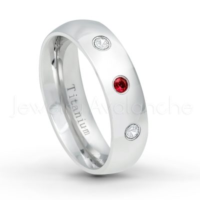 0.21ctw Diamond & Garnet 3-Stone Ring - January Birthstone Ring - 6mm Polished Finish Comfort Fit Dome White Titanium Wedding Ring TM536-GR