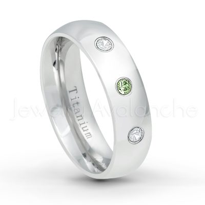 0.21ctw Diamond & Green Tourmaline 3-Stone Ring - October Birthstone Ring - 6mm Polished Finish Comfort Fit Dome White Titanium Wedding Ring TM536-GTM
