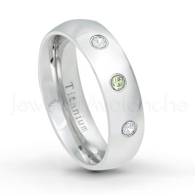 0.21ctw Diamond & Peridot 3-Stone Ring - August Birthstone Ring - 6mm Polished Finish Comfort Fit Dome White Titanium Wedding Ring TM536-PD