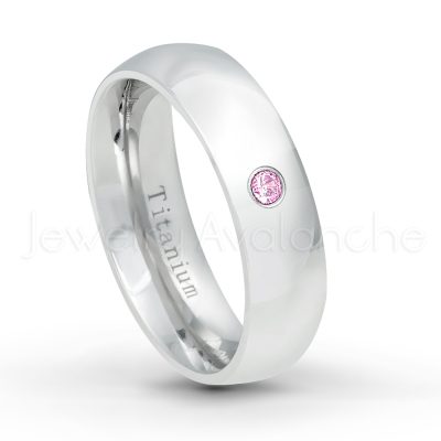 0.21ctw Pink Tourmaline 3-Stone Ring - October Birthstone Ring - 6mm Polished Finish Comfort Fit Dome White Titanium Wedding Ring TM536-PTM
