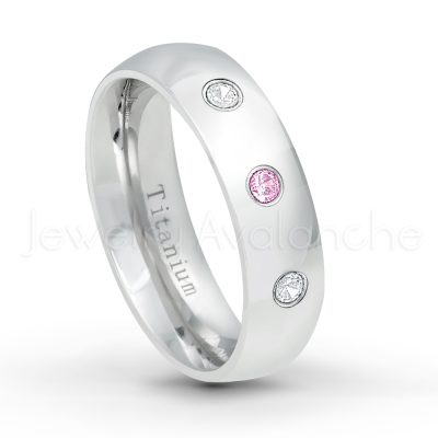 0.21ctw Pink Tourmaline 3-Stone Ring - October Birthstone Ring - 6mm Polished Finish Comfort Fit Dome White Titanium Wedding Ring TM536-PTM