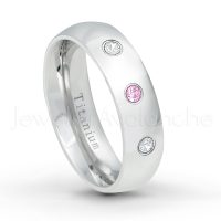 0.21ctw Pink Tourmaline & Diamond 3-Stone Ring - October Birthstone Ring - 6mm Polished Finish Comfort Fit Dome White Titanium Wedding Ring TM536-PTM