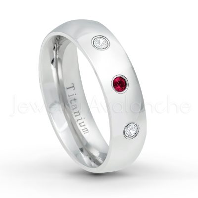 0.21ctw Ruby 3-Stone Ring - July Birthstone Ring - 6mm Polished Finish Comfort Fit Dome White Titanium Wedding Ring TM536-RB