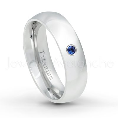 0.21ctw Diamond & Blue Sapphire 3-Stone Ring - September Birthstone Ring - 6mm Polished Finish Comfort Fit Dome White Titanium Wedding Ring TM536-SP
