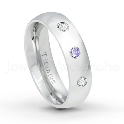 0.21ctw Tanzanite & Diamond 3-Stone Ring - December Birthstone Ring - 6mm Polished Finish Comfort Fit Dome White Titanium Wedding Ring TM536-TZN