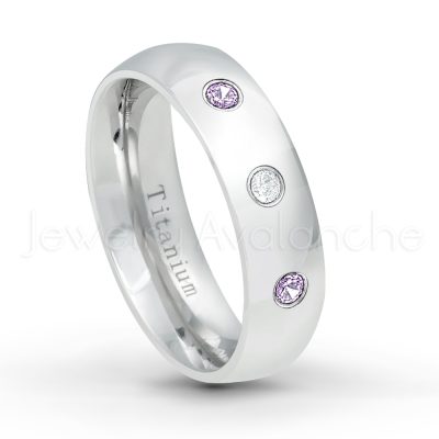 0.21ctw Amethyst 3-Stone Ring - February Birthstone Ring - 6mm Polished Finish Comfort Fit Dome White Titanium Wedding Ring TM536-AMT