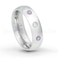 0.21ctw Diamond & Amethyst 3-Stone Ring - February Birthstone Ring - 6mm Polished Finish Comfort Fit Dome White Titanium Wedding Ring TM536-AMT